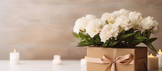 Eco friendly birthday gift with white carnations eucalyptus leaves Happy earth day