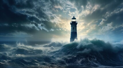 The silhouette of a solitary lighthouse on a stormy coastline