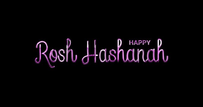Happy Rosh Hashanah text animation in a purple shiny color with luxury handwritten calligraphy on a transparent background. The animation includes a handwriting effect and the background is editable