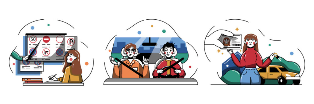Student drives car under supervision of instructor. Young lady passing driving test concept. Practice at driving school. Learning and getting driving license. Flat vector illustration