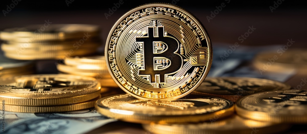 Poster the bitcoin symbol representing cryptocurrency and blockchain technology atop a dollar banknote show