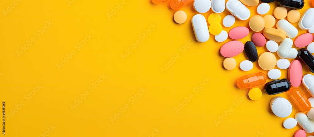 Poster assorted multicolor medicine tablets and pills in a plastic bottle on a yellow background top view c