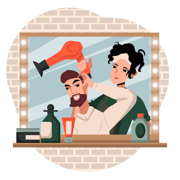 Stylist holding fan, dries hair to man after haircut. Haircut concept for men. Barber career, work with client concept. Flat vector illustration in cartoon style