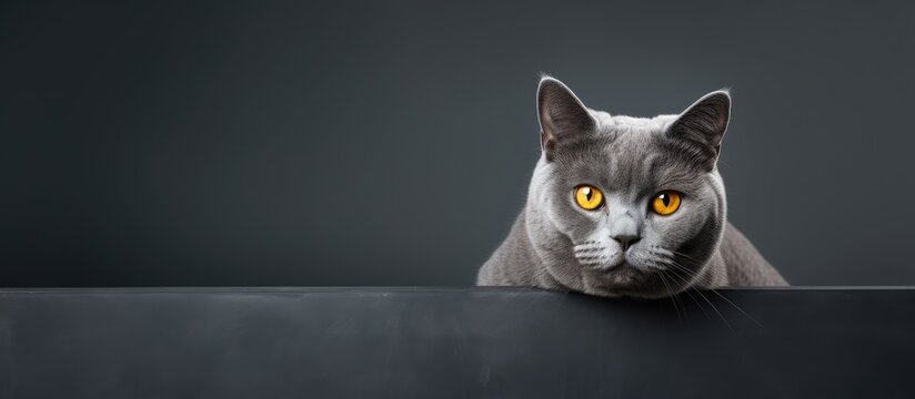 Beautiful French Chartreux cat with orange eyes photographed in a studio on a grey background
