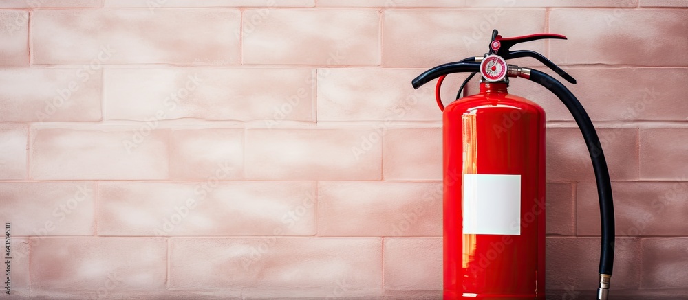 Poster Selective focus image of a red fire extinguisher sign on a wall with space for text and information