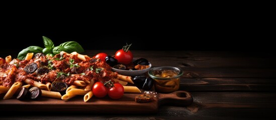 Sicilian pasta alla norma on wooden board with eggplant tomato sauces - obrazy, fototapety, plakaty