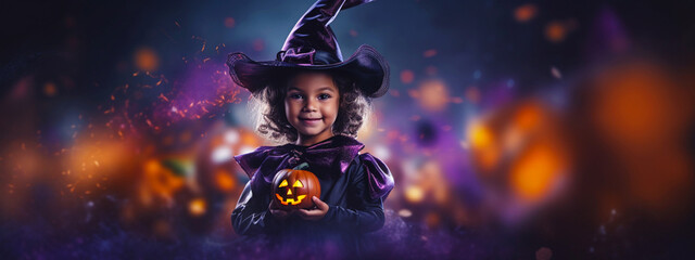  Festive banner with smiling happy little girl in halloween carnival witch costume. Shiny lights and bokeh background. Empty postcard with copy space. Generative AI