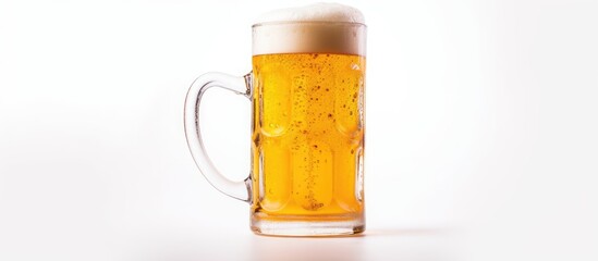 Close up image of beer glass with foam on white background and empty area for text