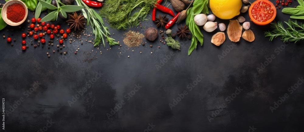 Poster assorted cooking ingredients on black slate table top view copy space