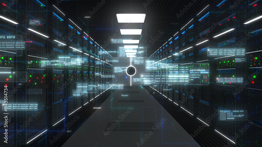 Poster server cabinets for storage, data servers in a data center server room, cloud computing data storage