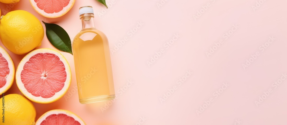 Aufkleber text space available for flat lay composition featuring citrus essential oil bottles on a pink backg