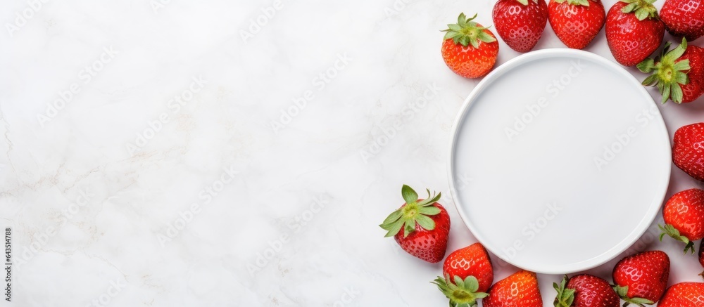 Leinwandbilder top view of round frame of fresh strawberries on white marble representing summer and fruit concept 