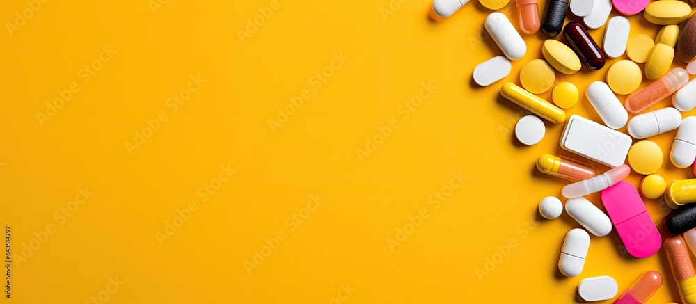 Poster assorted multicolor medicine tablets and pills in a plastic bottle on a yellow background top view c