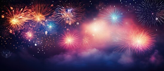 Fototapeta premium Close up abstract background of fireworks in the night sky with space for text