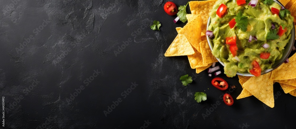Poster Top view of Mexican nachos and guacamole on a gray concrete surface with empty space for text