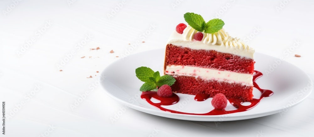 Aufkleber red velvet cake sliced and isolated with white background and space for writing