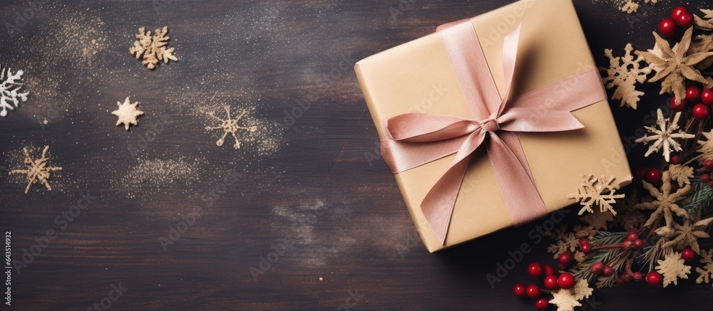 Poster Top view of gift box wrapped in craft paper and tied with colored ribbon on table with copy space