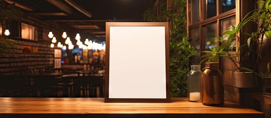 Marketing promotion space on wooden table in bar café with menu frame