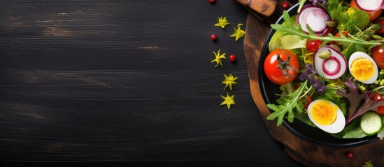 Weight loss salad on wooden and black stone background Plenty of space
