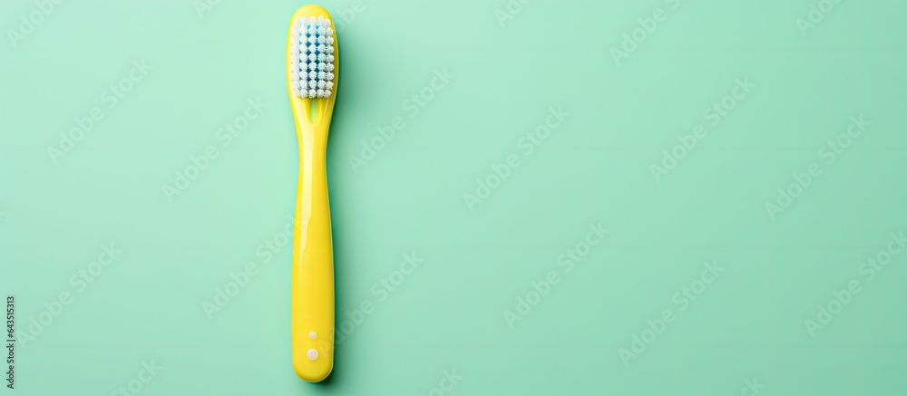 Poster child s toothbrush on colorful background top view with text space