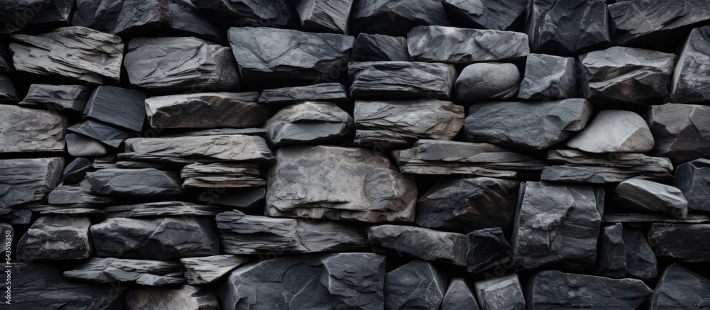Poster texture and pile of rocks in a black stone background on a wall surface