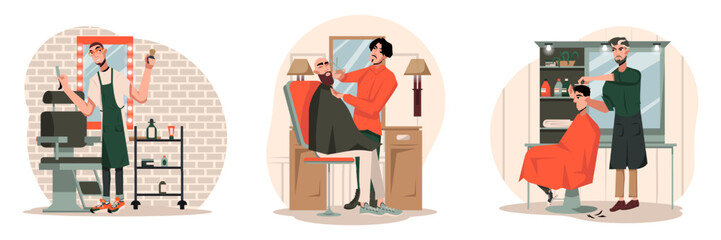Man holding razor and brush. Male holding scissors for cutting and doing hairstyle to client. Hairdresser cut hair for visitor. Professional make fashionable modern hairstyles. Vector illustration - obrazy, fototapety, plakaty