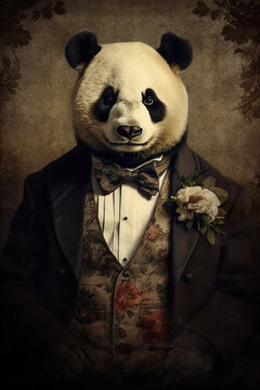 Retro portrait of a panda in a suit and bow tie