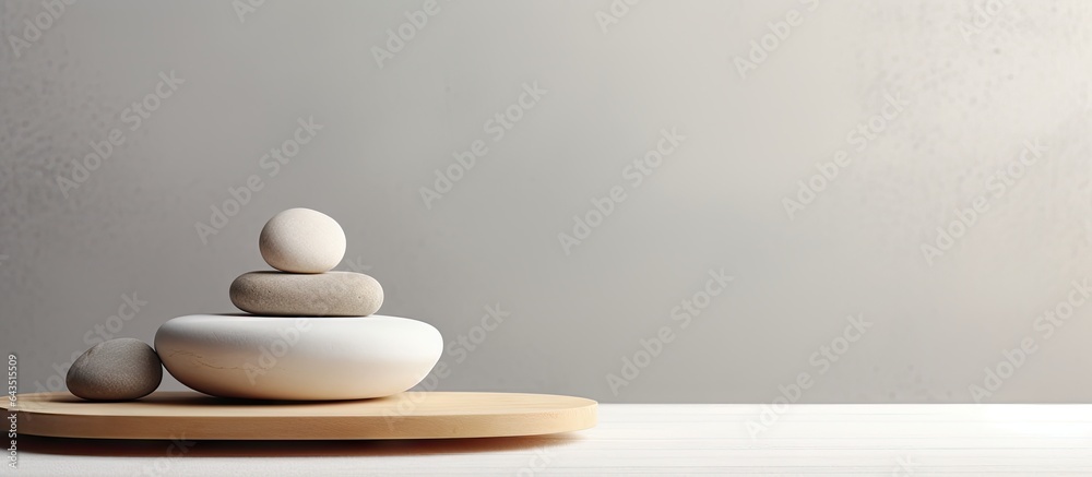 Aufkleber arrange white stones and wood platform on gray background simple display for products
