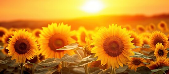 Fototapeta premium Sunflower landscape in a yellow field during sunset in summer