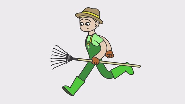 White male gardener runs holding a rake in his hands. Looped 4K video with alpha-channel.