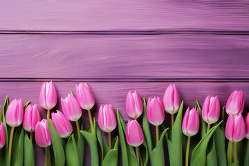 a line of pink and purple tulips on a purple wood background, in the style of light pink and white