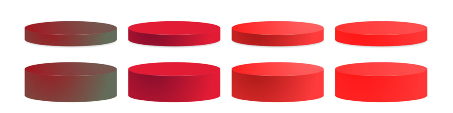 8 piece set of 3d rendered cylinder platforms in different shades of red gradient colors, isolated. Editable Vector Illustration. Perfect for red themed designs, Christmas, Valentine's Day
