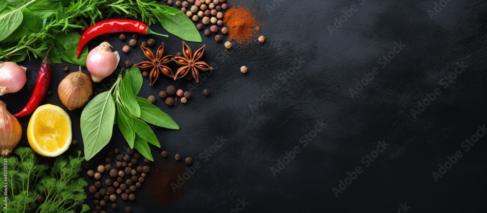 Poster assorted cooking ingredients on black slate table top view copy space