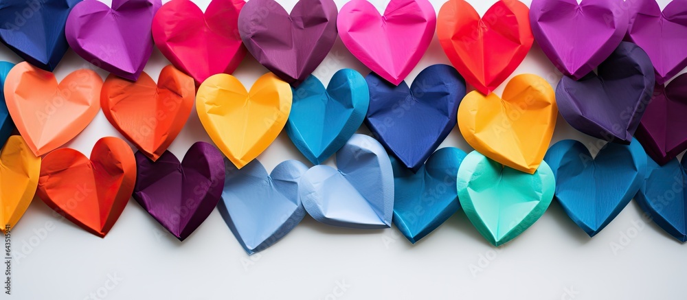 Poster Abstract background with multicolored velvet paper hearts on white surface accentuated by shadow and light Texture and copy space included