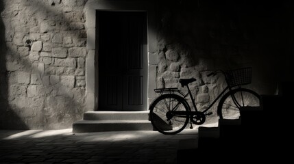 Fototapeta na wymiar A silhouette of a bicycle leaning against a wall in a quiet alley