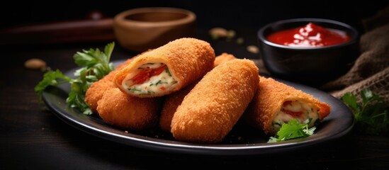 Ideal for any cooking content the rissoles come with chili sauce and abundant copy space suitable for recipes articles catalogs or promotions