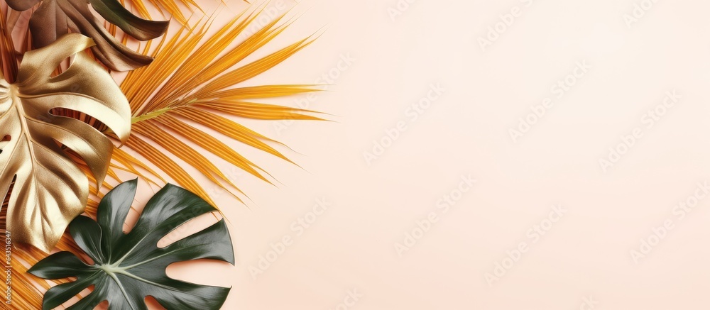 Poster exotic summer layout with colorful and golden tropical leaves and palms on beige background minimal 