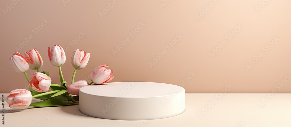 Poster Pedestals with tulips on table copy space side view Mockup background for products Advertising template foam platform Abstract geometric pedestal
