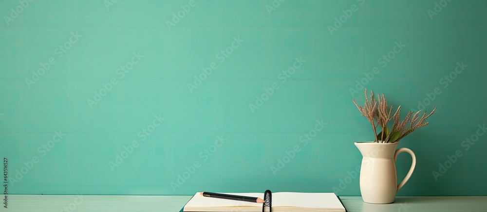 Poster Brown desk with open diary notebook memo pad and pencil holder Mint wall background serves as study and workspace with copy space available