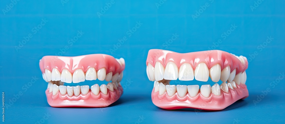 Poster close up mockup of dentures on a blue background upper and lower jaws with false teeth