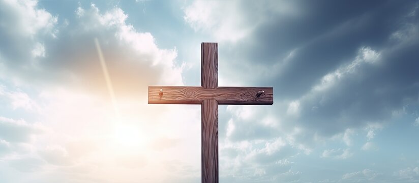 Digital composite of a wooden cross against the sky on Ascension day with copy space Celebrating the holiday religious tradition and belief - Powered by Adobe