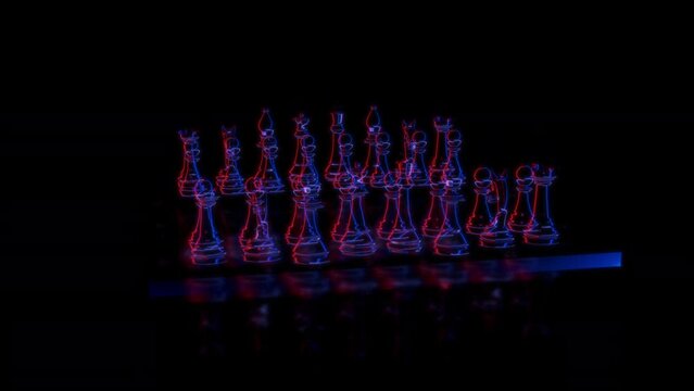 render 3D animation of the model chess on a black background future technology screen