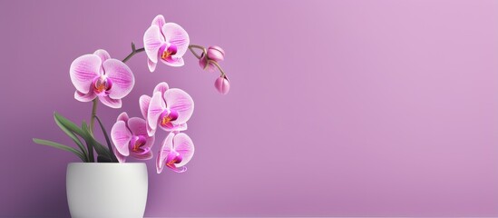 Purple artificial orchid in pot on vibrant background minimalistic flower banner