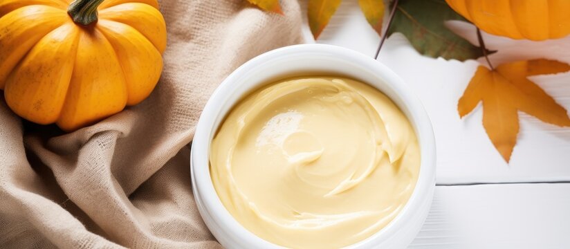 Autumn beauty treatment with homemade pumpkin mask in a white bowl