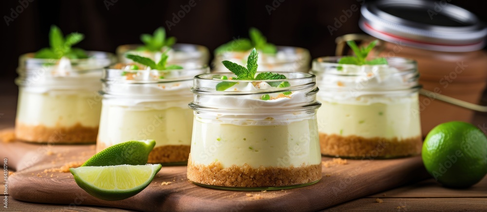Poster individual key lime pie cheesecakes in jars on a wooden background with room for text