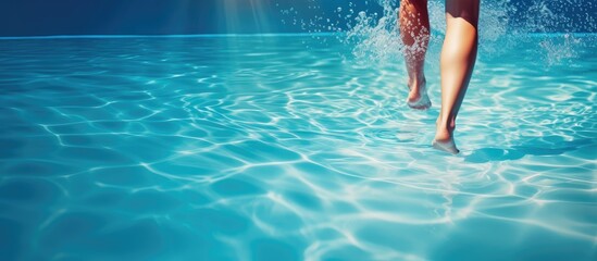 Woman swimming in a blue pool wearing a swimsuit showing her legs back and stomach - obrazy, fototapety, plakaty