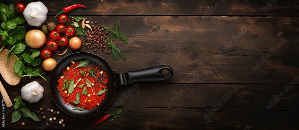 Aufkleber mockup of cooking pan with spices and veggies on dark wooden table top view space for copying