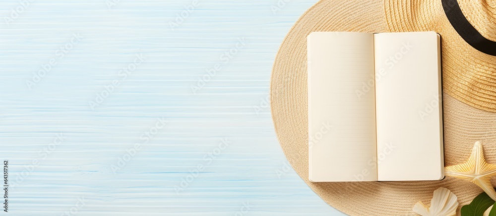 Poster Blank journal with summer beach items on a background space for writing Flat lay with copy space