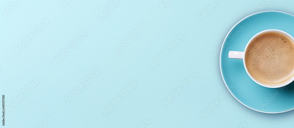 Aufkleber flat lay view of a contemporary office table with a blue color scheme and a cup of coffee allowing f