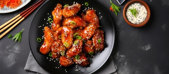 Traditional Chinese dish sweet and sour sticky chicken with sesame seeds and rice served on a ceramic plate with chopsticks on a gray rustic stone background
